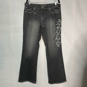 Y2K Grunge Embroidered Sequined Black Silver 15/16 Faded Mid Rise Boot Cut Jeans